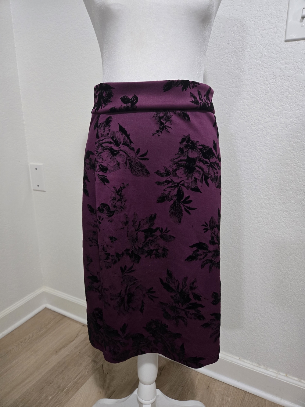 Popana Plum Pencil Skirt with Black Floral Print